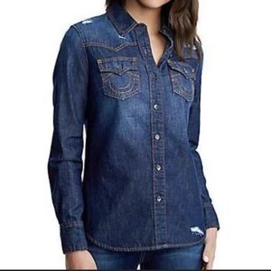TRUE RELIGION Georgia Western Denim Shirt Medium Dark Wash EUC